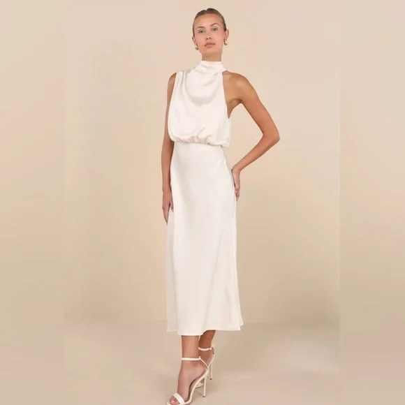 Greta Champagne Crinkle Satin Mock Neck Sleeveless Midi Dress Bridal Rehearsal - Picture 2 of 4